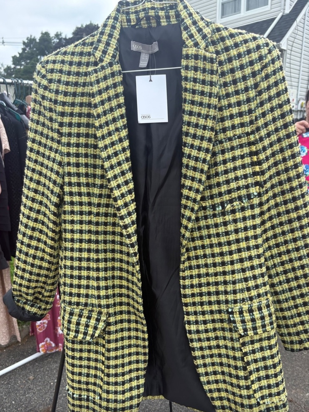 NWT, ASOS, Yellow Black Bouclé Tweed Plaid Longline Blazer Jacket,Plaid, Size 0